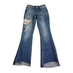 Hot‎ Topic Jeans Women 3 Winged Skull Cross Graphic Flare Blue Stretch Y2K Style